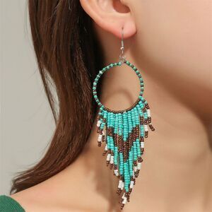 Bohemian Seed Beaded Teal Blue, White & Brown Tassel Fringe Long Dangle Earrings
